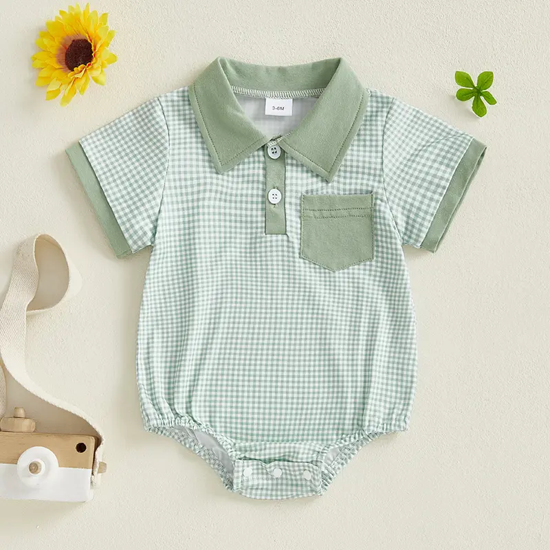 Adorable Infant Boy Romper Classic Gingham Design, Blocked Collars & Pockets Button Up Style in 3 Colors