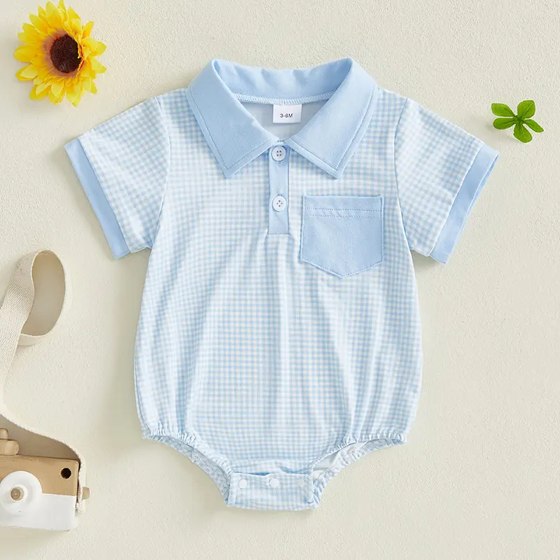 Adorable Infant Boy Romper Classic Gingham Design, Blocked Collars & Pockets Button Up Style in 3 Colors
