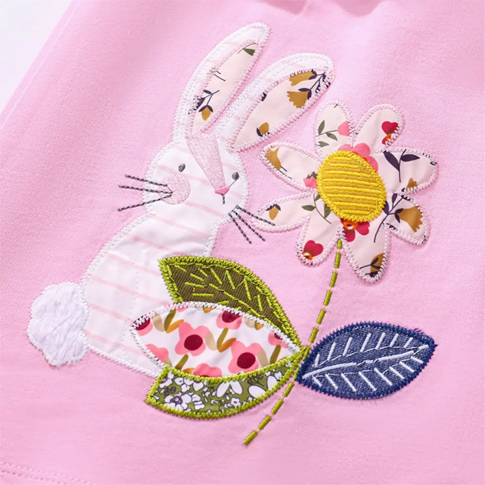 Girls' Pink Short - Sleeve Dress with Flutter Sleeves - Embroidered Bunny and Flower Design - Suitable for Ages 2-7 Years