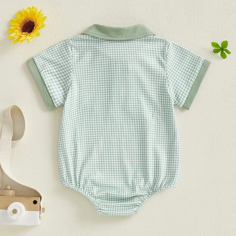 Adorable Infant Boy Romper Classic Gingham Design, Blocked Collars & Pockets Button Up Style in 3 Colors