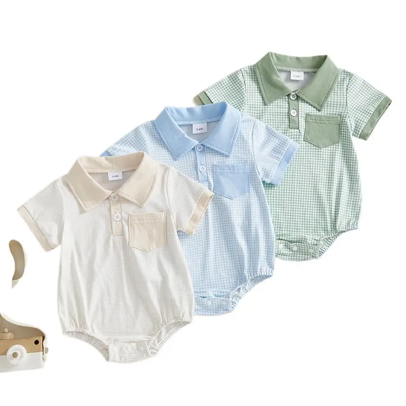 Adorable Infant Boy Romper Classic Gingham Design, Blocked Collars & Pockets Button Up Style in 3 Colors