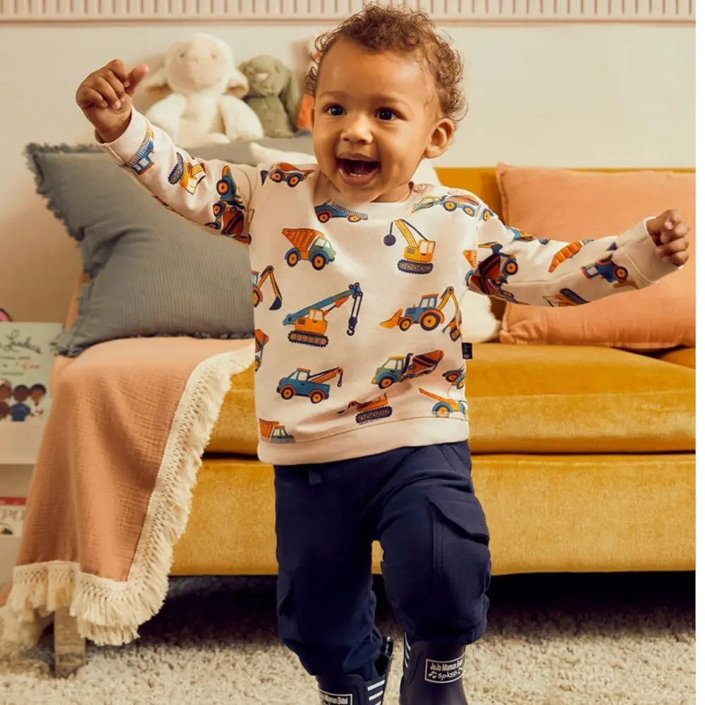 Spring Autumn Tops Children's Clothing Adorable Toddler Boy Pullover White Color with Colorful Construction Equipment Graphics