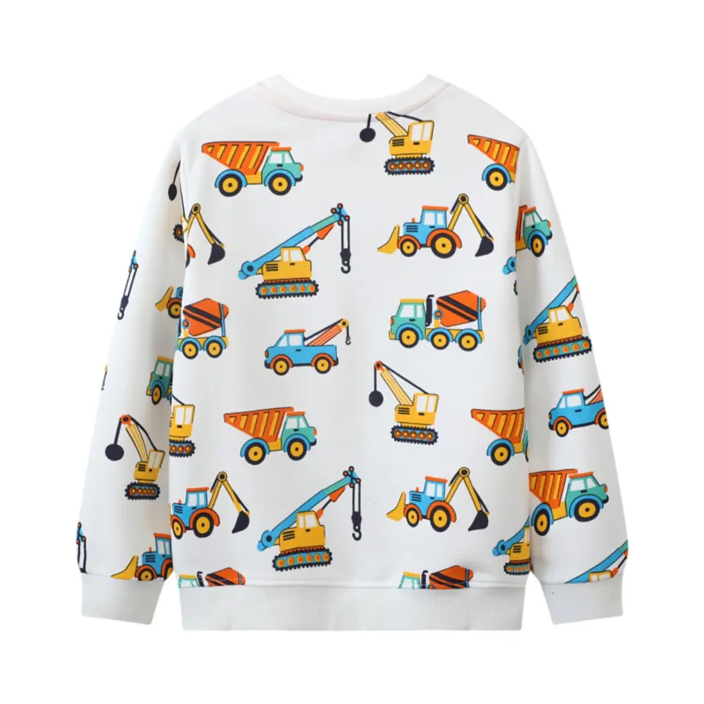 Spring Autumn Tops Children's Clothing Adorable Toddler Boy Pullover White Color with Colorful Construction Equipment Graphics