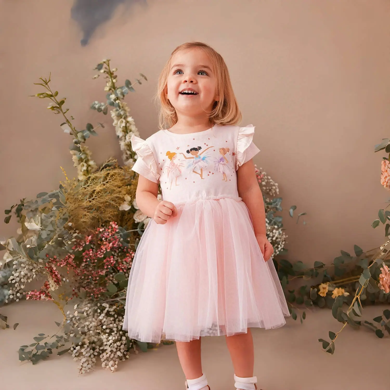 Children's Princess Dress for Girls 2025 New Summer Floral Puff Sleeves Mesh Charm Noble Cute Sweet Party