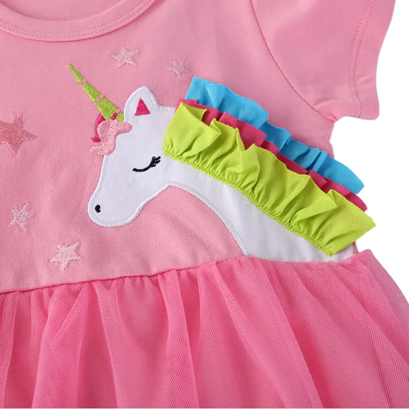 Girls' Pink Short - Sleeve Dress - with Unicorn Applique and Tulle Skirt - Suitable for Ages  2-7 Years