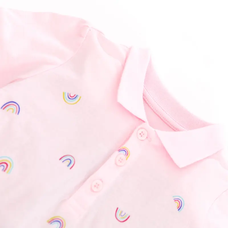 Girls' Pink Short - Sleeve Polo Dress - with Colorful Rainbow Embroidery and Ruffled Hem - Suitable for Ages 2-7y