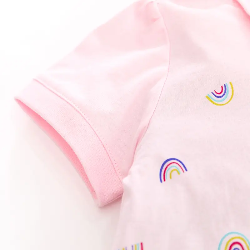 Girls' Pink Short - Sleeve Polo Dress - with Colorful Rainbow Embroidery and Ruffled Hem - Suitable for Ages 2-7y