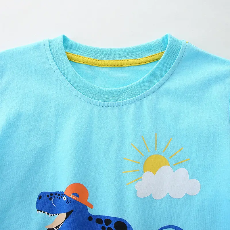 Boys' Light Blue Short - Sleeve T - shirt - with Cartoon Dinosaur Paddling on Crocodile Print - Suitable for Ages 2-7y