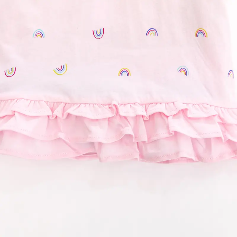 Girls' Pink Short - Sleeve Polo Dress - with Colorful Rainbow Embroidery and Ruffled Hem - Suitable for Ages 2-7y