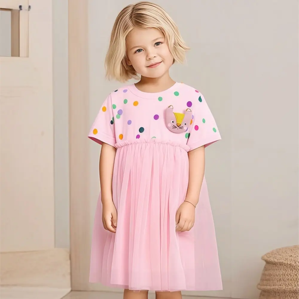 Girls' Pink Short - Sleeve Dress - with Colorful Polka Dots, Mouse - face Applique and Tulle Skirt 2-7 Years