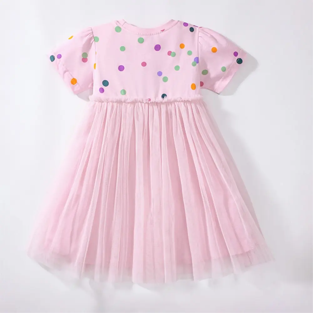 Girls' Pink Short - Sleeve Dress - with Colorful Polka Dots, Mouse - face Applique and Tulle Skirt 2-7 Years