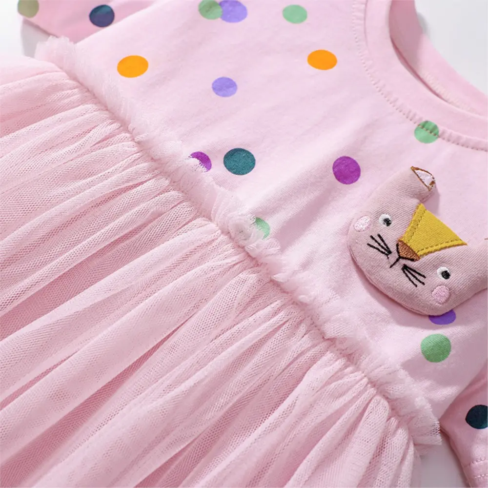 Girls' Pink Short - Sleeve Dress - with Colorful Polka Dots, Mouse - face Applique and Tulle Skirt 2-7 Years