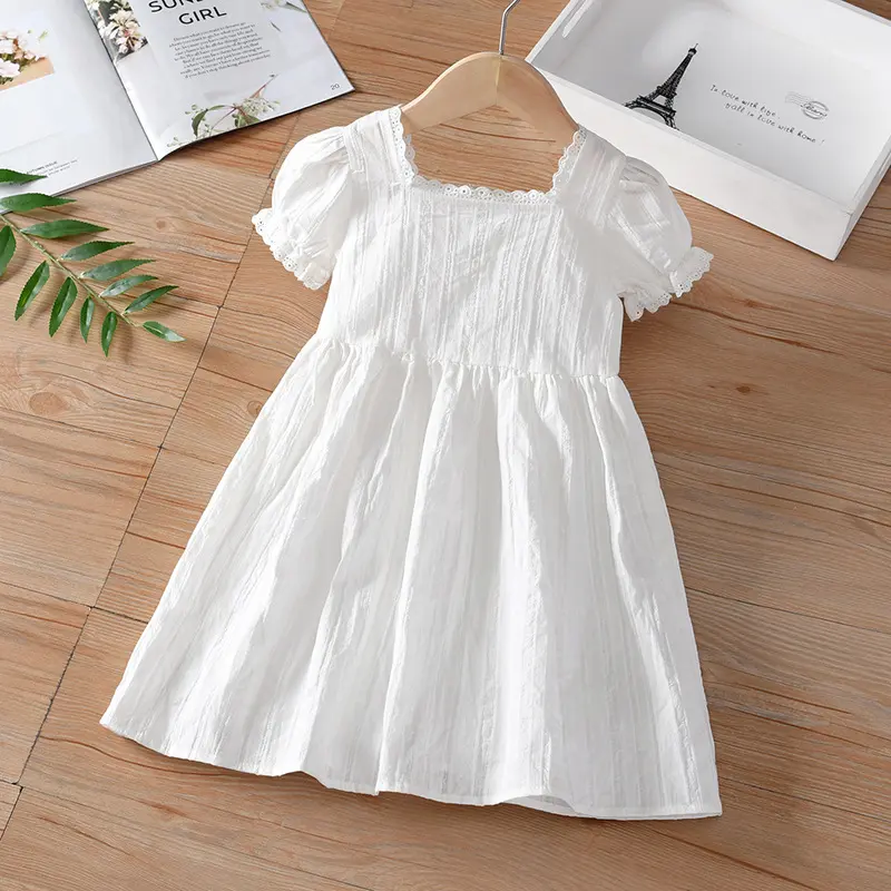 Adorable Square - Neck Puff - Sleeve White Girls' Dress with Lace Trim