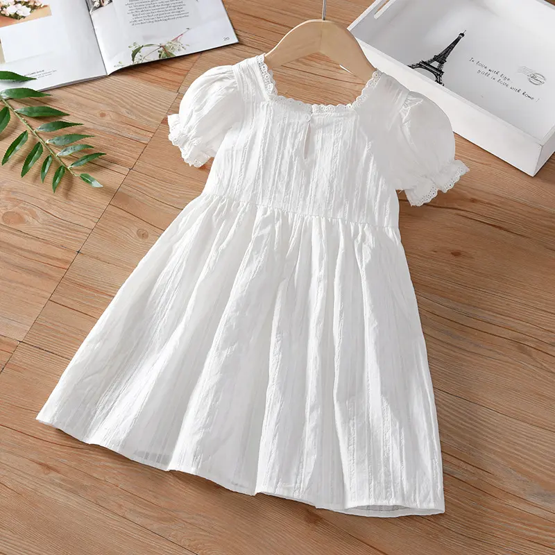 Adorable Square - Neck Puff - Sleeve White Girls' Dress with Lace Trim