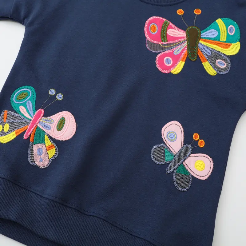 Girls' Navy Blue Long - Sleeve Sweatshirt - with Colorful Butterfly Embroidery - Suitable for Ages Girls Pullover