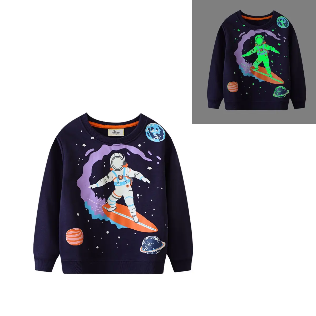 Eye Catching Navy Blue Long Sleeve Sweatshirt with Glow in the Dark Feature Unique Astronaut Surfing in Space Design