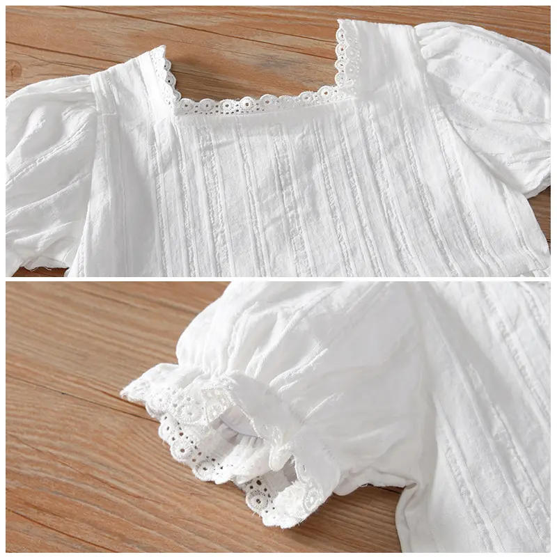 Adorable Square - Neck Puff - Sleeve White Girls' Dress with Lace Trim