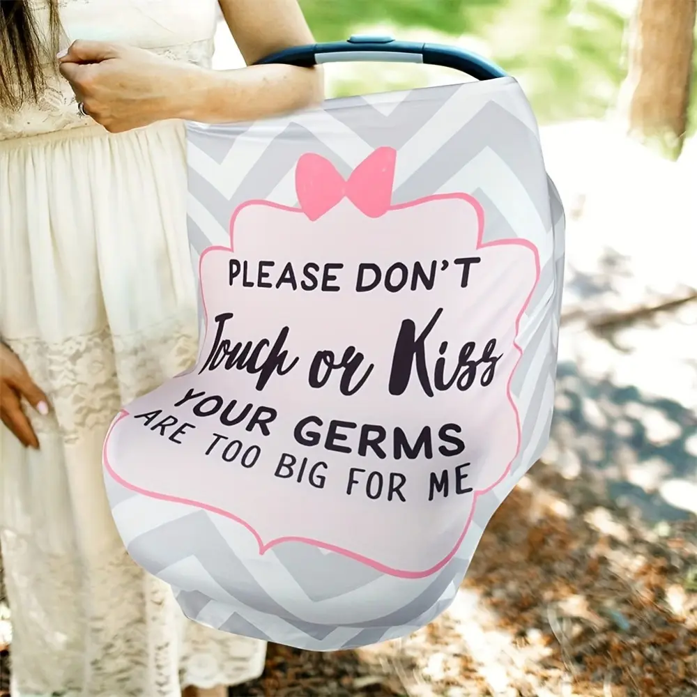 Adorable Protective Baby Stroller Cover - "PLEASE DON'T Touch or Kiss" Design, Gray & White Chevron Pattern, Pink Bow Accent