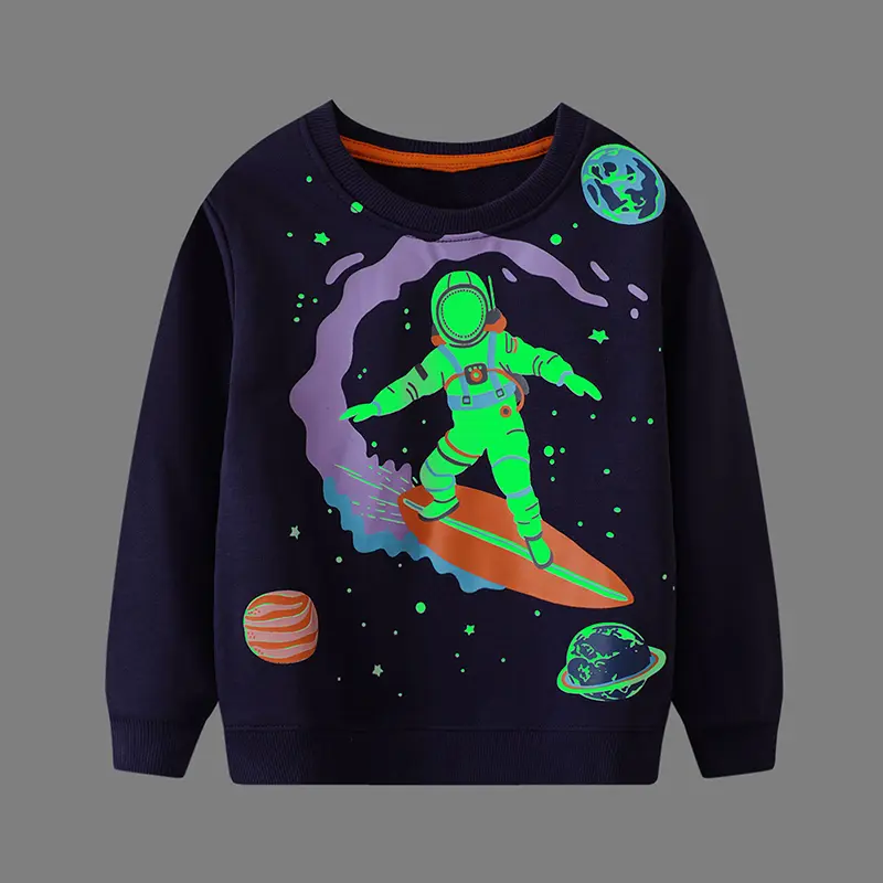 Eye Catching Navy Blue Long Sleeve Sweatshirt with Glow in the Dark Feature Unique Astronaut Surfing in Space Design