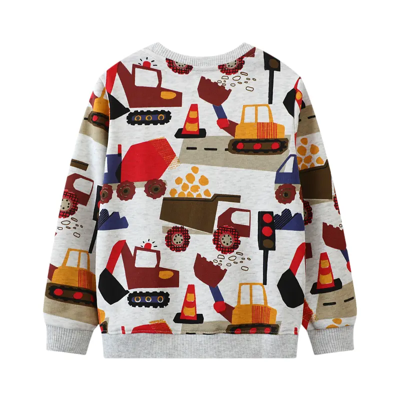 Boys' Gray Long - Sleeve Sweatshirt - with Colorful Construction - themed All - over Print - Suitable for Ages 2-7y