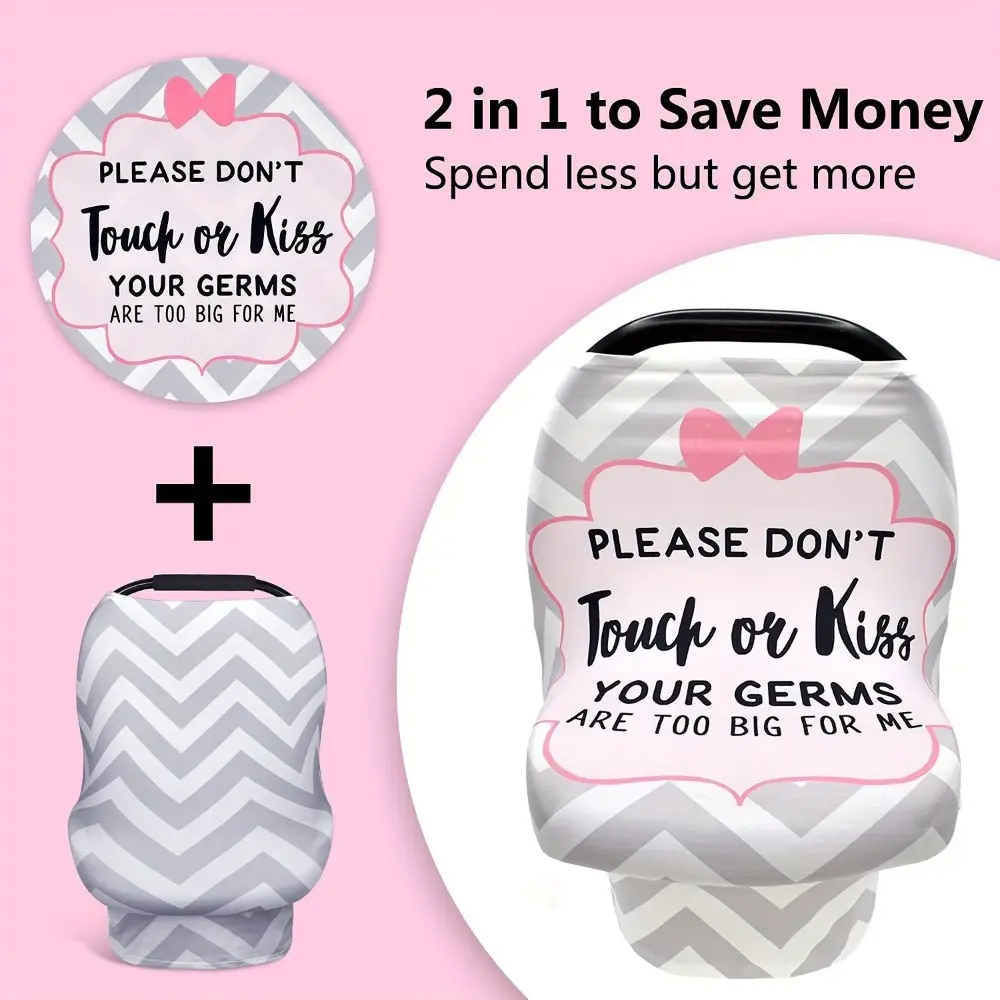 Adorable Protective Baby Stroller Cover - "PLEASE DON'T Touch or Kiss" Design, Gray & White Chevron Pattern, Pink Bow Accent