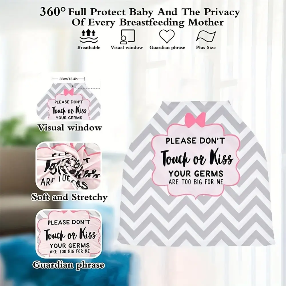 Adorable Protective Baby Stroller Cover - "PLEASE DON'T Touch or Kiss" Design, Gray & White Chevron Pattern, Pink Bow Accent