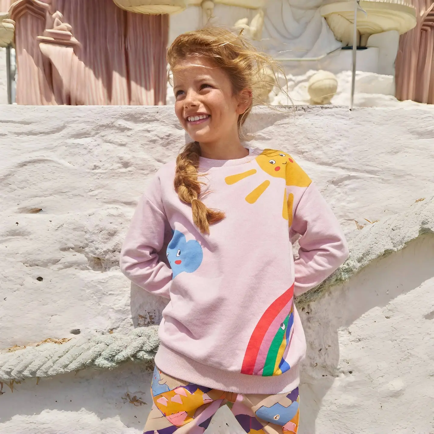 Girls' Pink Long Sleeve Sweatshirt with Colorful Weather Suitable for Age 2-7y