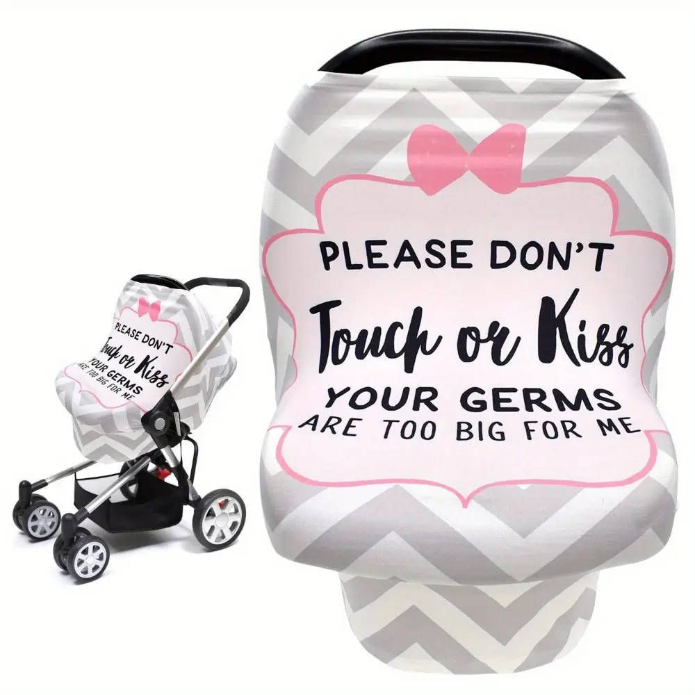 Adorable Protective Baby Stroller Cover - "PLEASE DON'T Touch or Kiss" Design, Gray & White Chevron Pattern, Pink Bow Accent