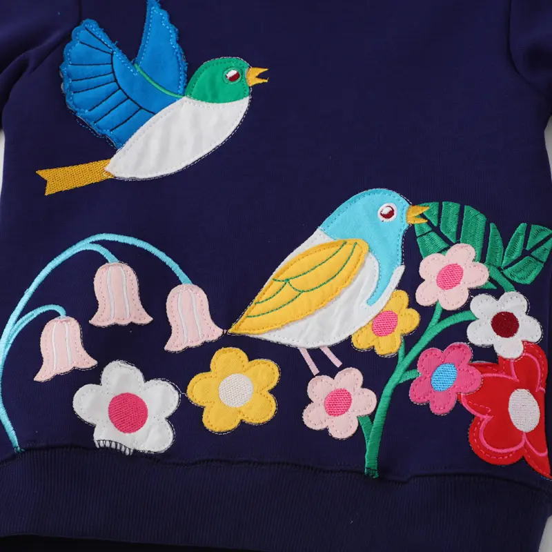 Girls' Navy Blue Long - Sleeve Sweatshirt - with Embroidered Bird and Floral Print - Suitable for Ages 2-7y
