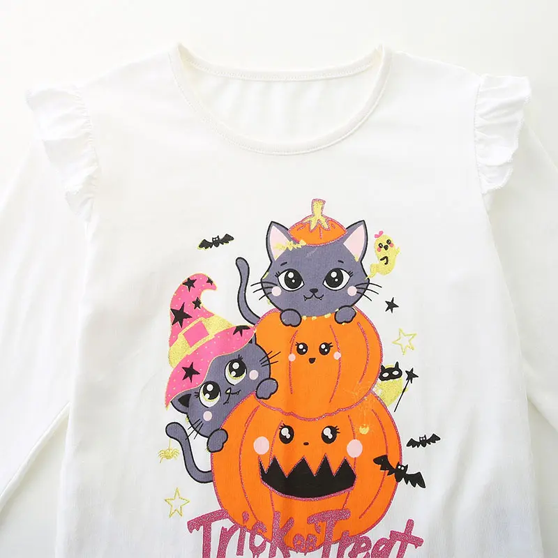 Spring Autumn Girls Tops Long Sleeve Kids Cotton T-shirts Cat Print Applique Children Casual Tees School Home Kids Wear