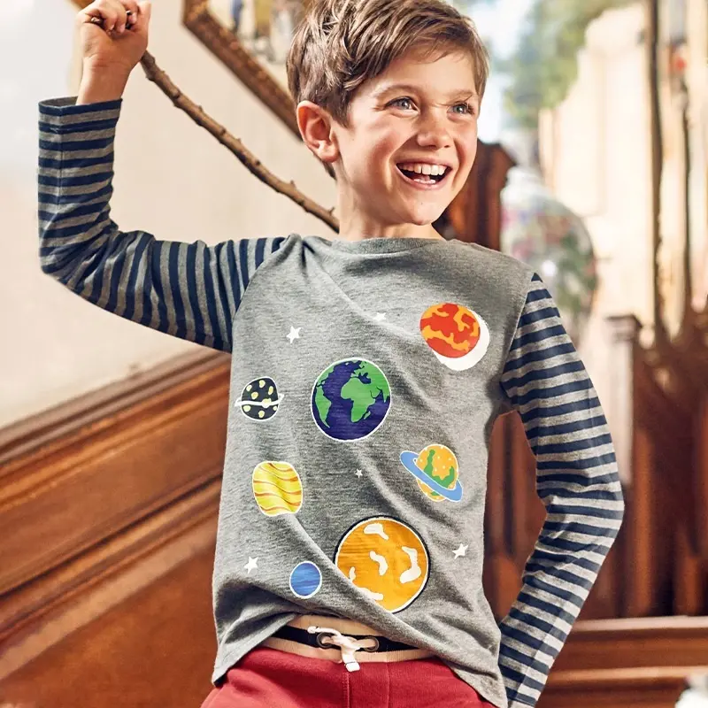 Luminous Boys' Long Sleeve T-shirt Gray Body with Striped Sleeves and Planetary Print Suitable for Ages 2-7y Glow In The Dark