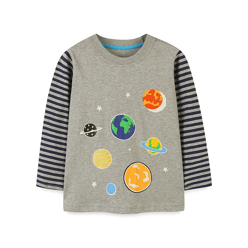 Luminous Boys' Long Sleeve T-shirt Gray Body with Striped Sleeves and Planetary Print Suitable for Ages 2-7y Glow In The Dark