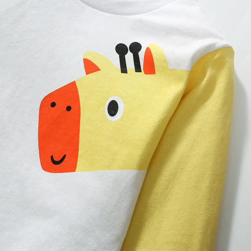 Boys' Long Sleeve Raglan T shirt White with Green and Yellow Sleeves Giraffe and Crocodile Print - Suitable for Ages 2-7Y