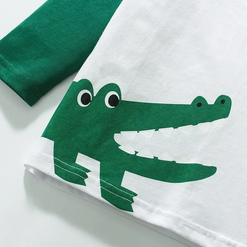 Boys' Long Sleeve Raglan T shirt White with Green and Yellow Sleeves Giraffe and Crocodile Print - Suitable for Ages 2-7Y