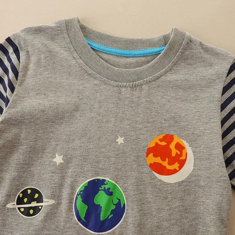 Luminous Boys' Long Sleeve T-shirt Gray Body with Striped Sleeves and Planetary Print Suitable for Ages 2-7y Glow In The Dark