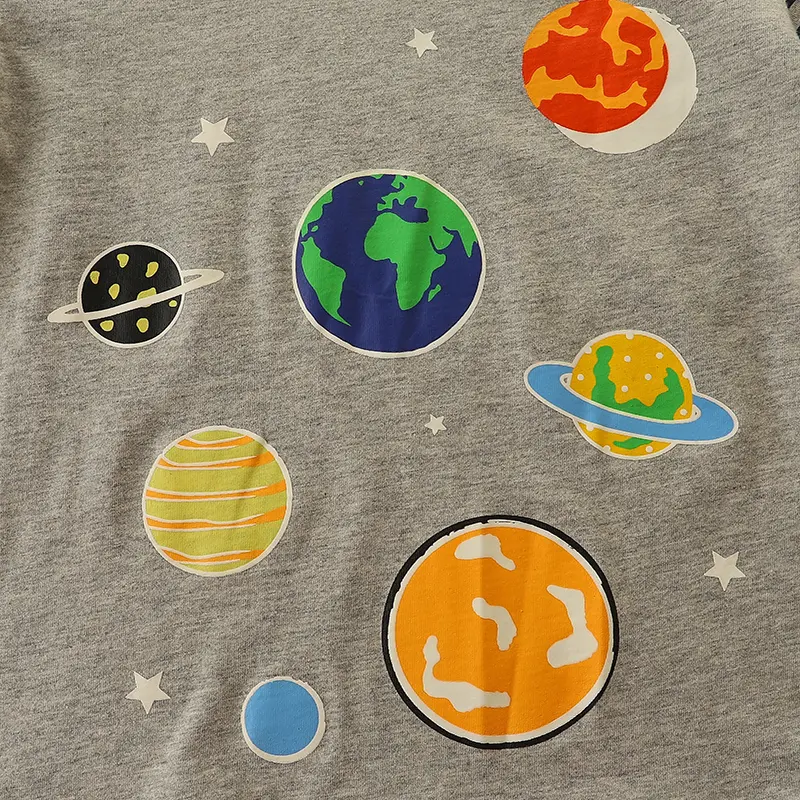 Luminous Boys' Long Sleeve T-shirt Gray Body with Striped Sleeves and Planetary Print Suitable for Ages 2-7y Glow In The Dark