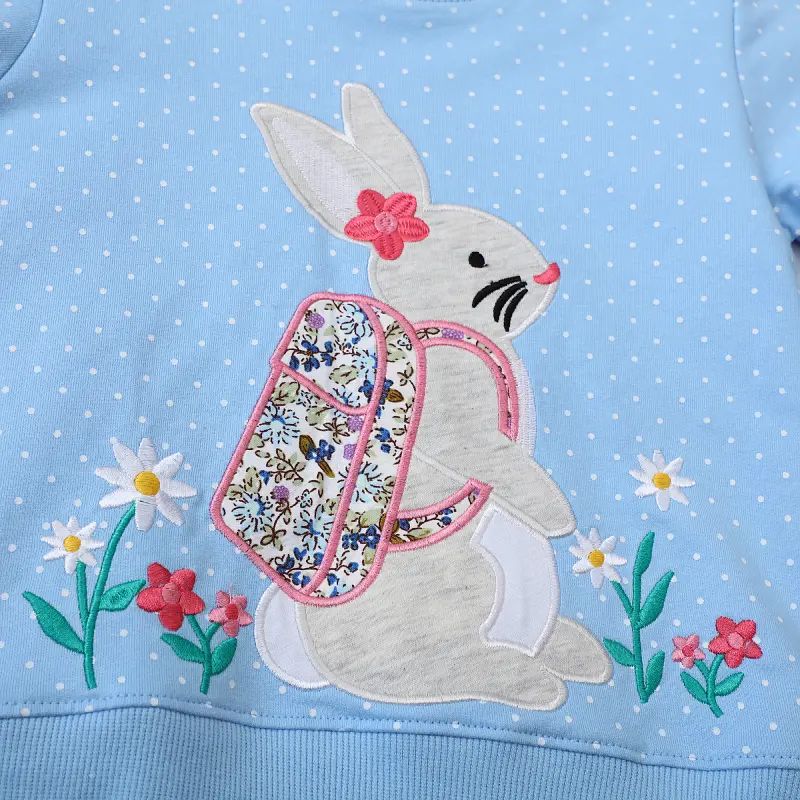 Cotton Girls Light Blue Polka - Dot Kids' Sweatshirt Adorable Bunny Embroidery with Floral Backpack Design Trendy and Charming