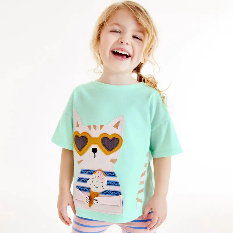 2-7T Kids' Mint Green Short Sleeve T- shirt Adorable Cat Design Wearing Heart Shaped Sunglasses & Holding Ice Cream Trendy