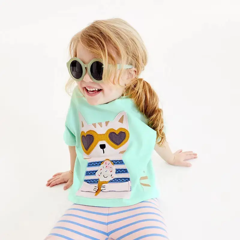2-7T Kids' Mint Green Short Sleeve T- shirt Adorable Cat Design Wearing Heart Shaped Sunglasses & Holding Ice Cream Trendy