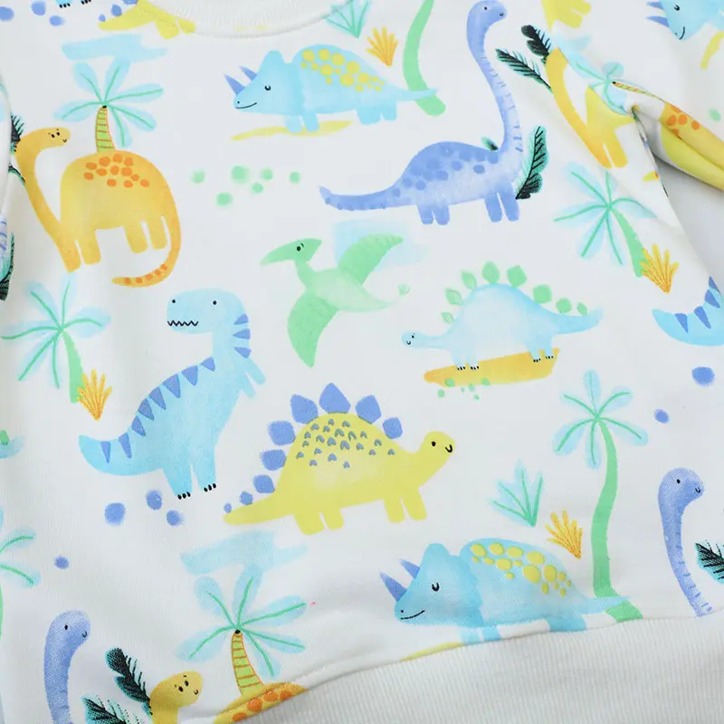 Boys' White Long - Sleeve Sweatshirt - with Colorful Dinosaur and Jungle - themed All - over Print - Suitable for Age 2-7y