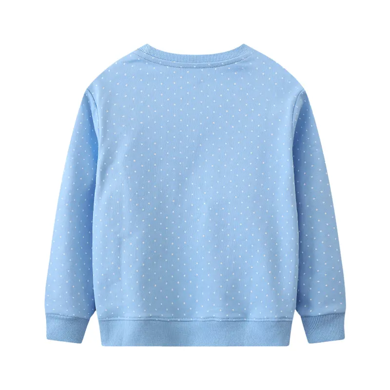 Cotton Girls Light Blue Polka - Dot Kids' Sweatshirt Adorable Bunny Embroidery with Floral Backpack Design Trendy and Charming