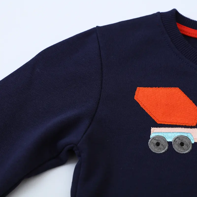 Boys' Navy Blue Long - Sleeve Sweatshirt - with Embroidered Construction Vehicle Print - Suitable for Ages 2-7y