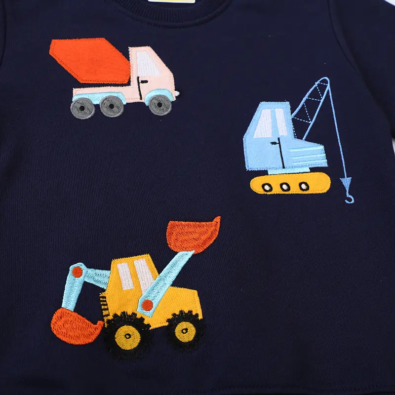 Boys' Navy Blue Long - Sleeve Sweatshirt - with Embroidered Construction Vehicle Print - Suitable for Ages 2-7y