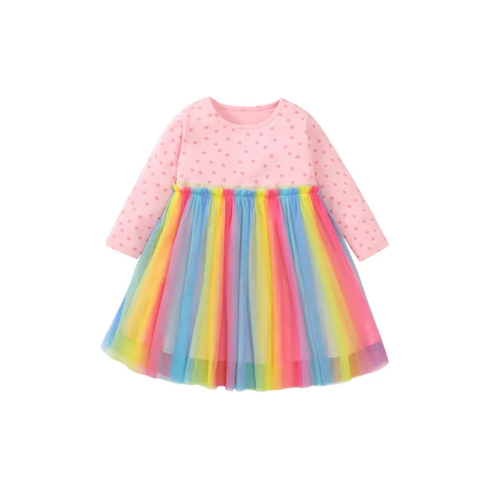2025 Rainbow Colorful Mesh Girls Dresses Children Party Dresses Split Joint Short Sleeve Dresses Kids