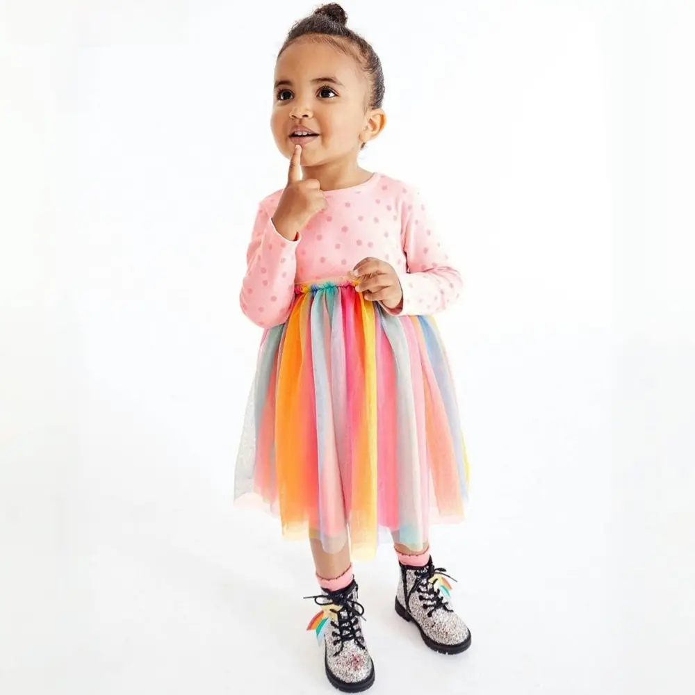 2025 Rainbow Colorful Mesh Girls Dresses Children Party Dresses Split Joint Short Sleeve Dresses Kids