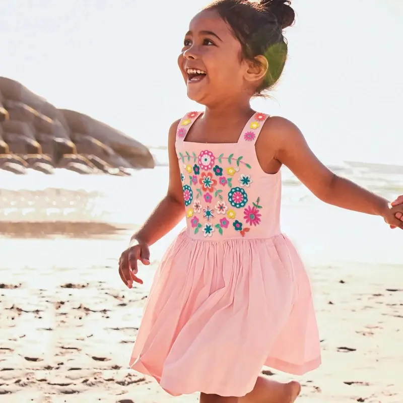 Pink Sleeveless Toddler Dress with Exquisite Floral Embroidery - Stylish & Charming