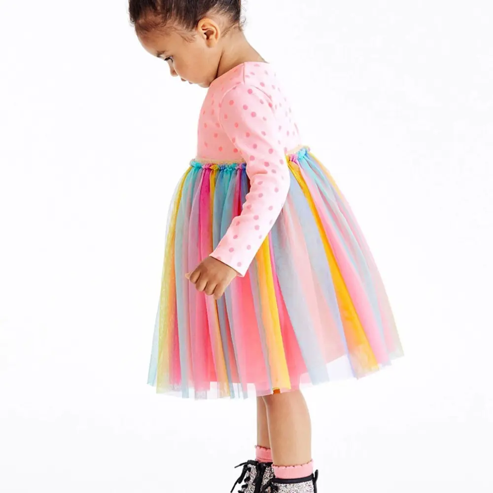 2025 Rainbow Colorful Mesh Girls Dresses Children Party Dresses Split Joint Short Sleeve Dresses Kids