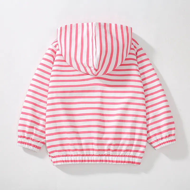 Girls' Hooded Jacket - with Pink and White Stripes, Strawberry - embroidered Pockets and Lined with Pink Fabric 2-7y