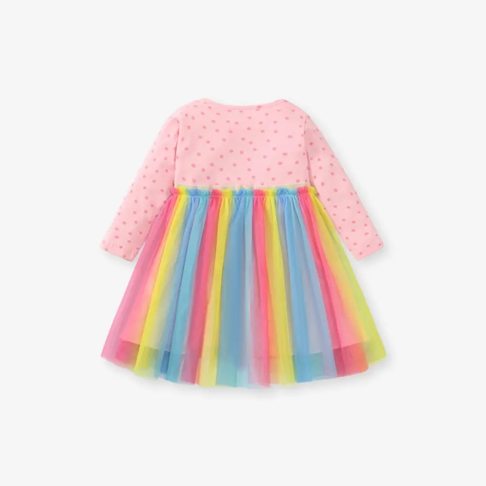 2025 Rainbow Colorful Mesh Girls Dresses Children Party Dresses Split Joint Short Sleeve Dresses Kids