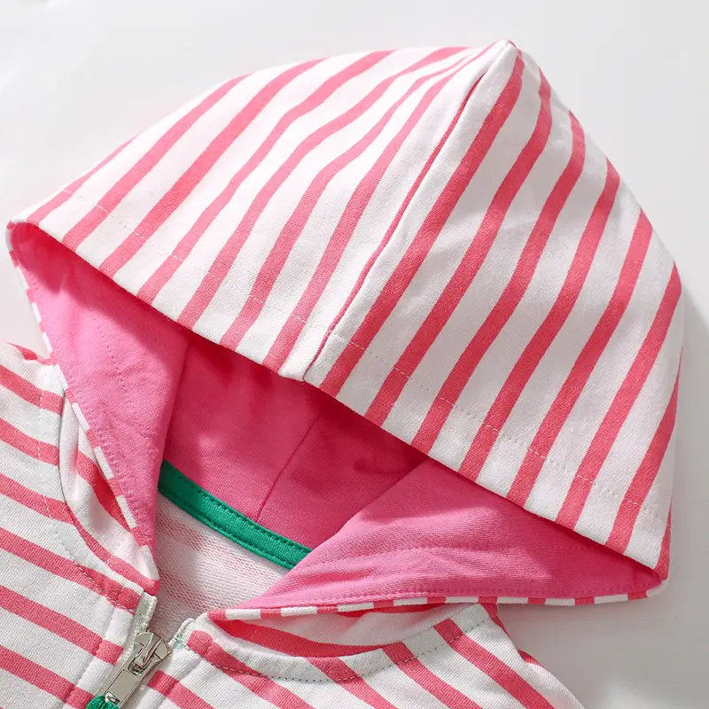 Girls' Hooded Jacket - with Pink and White Stripes, Strawberry - embroidered Pockets and Lined with Pink Fabric 2-7y